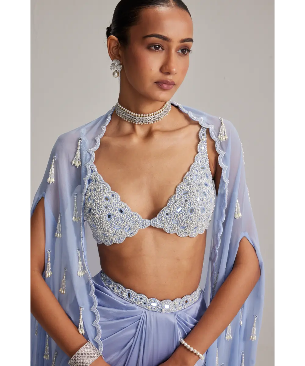 VVANI VATS- Dew Blue Cape And Satin draped skirt Set